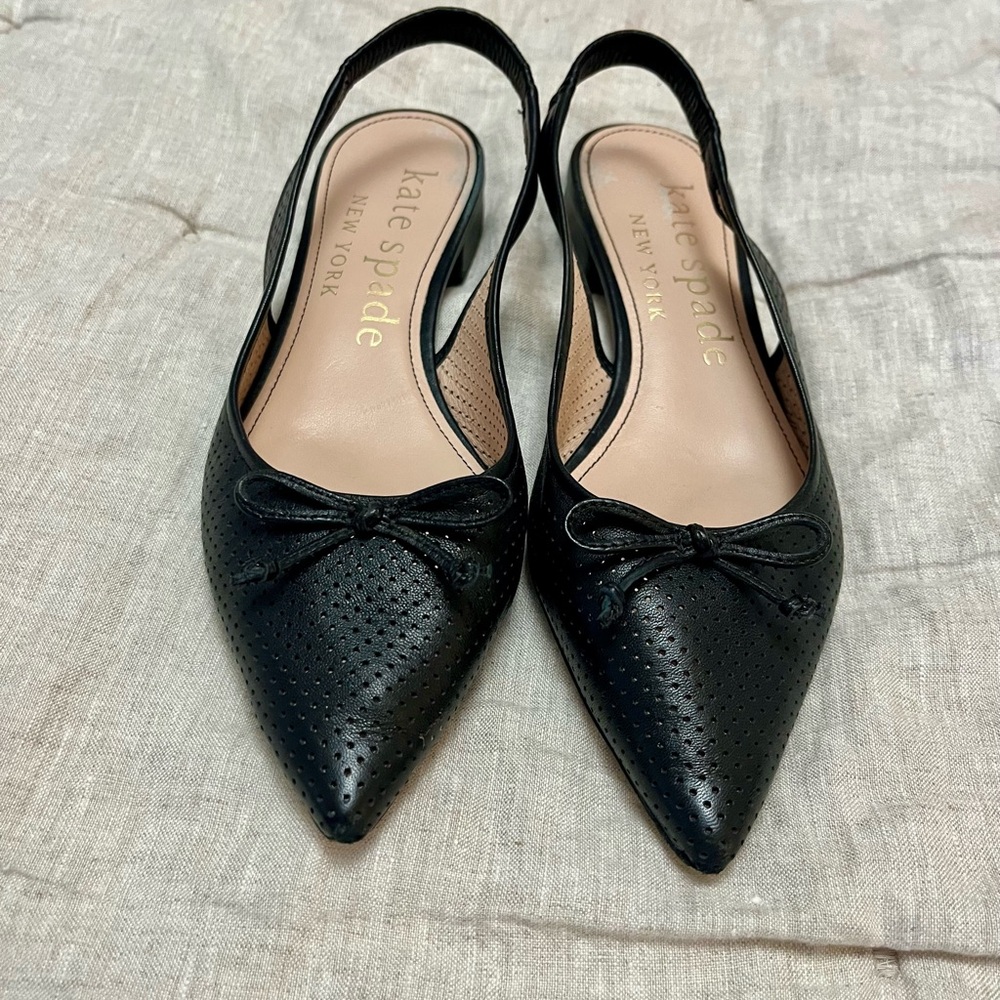 Kate Spade Veronica Black Perforated Pointed Slingback Flats with Bow